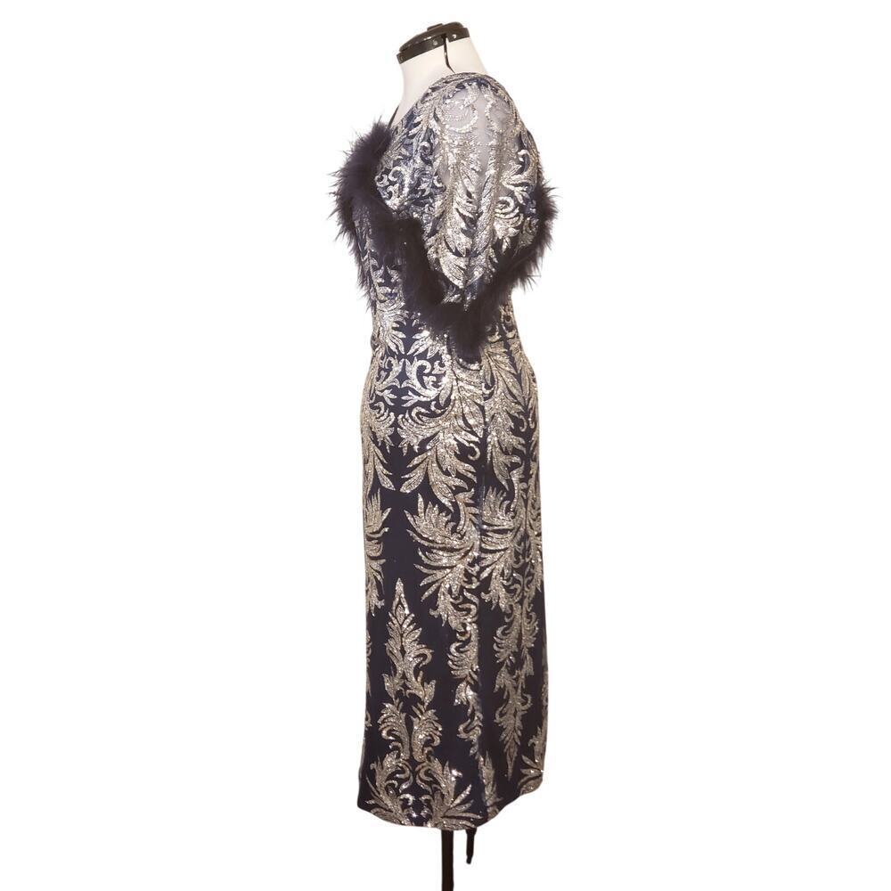 EY Boutique Blue & Silver Sparkle Sequin Gown w/ Feather Trim, Size XL | NWT - Picture 3 of 12